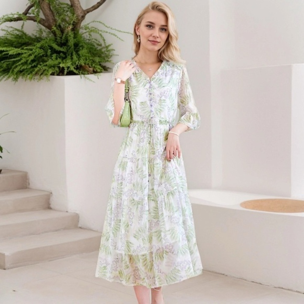 Silk Floral Print Dress Gentle For Vacation 100% Silk M-L MSRP $279 SK1